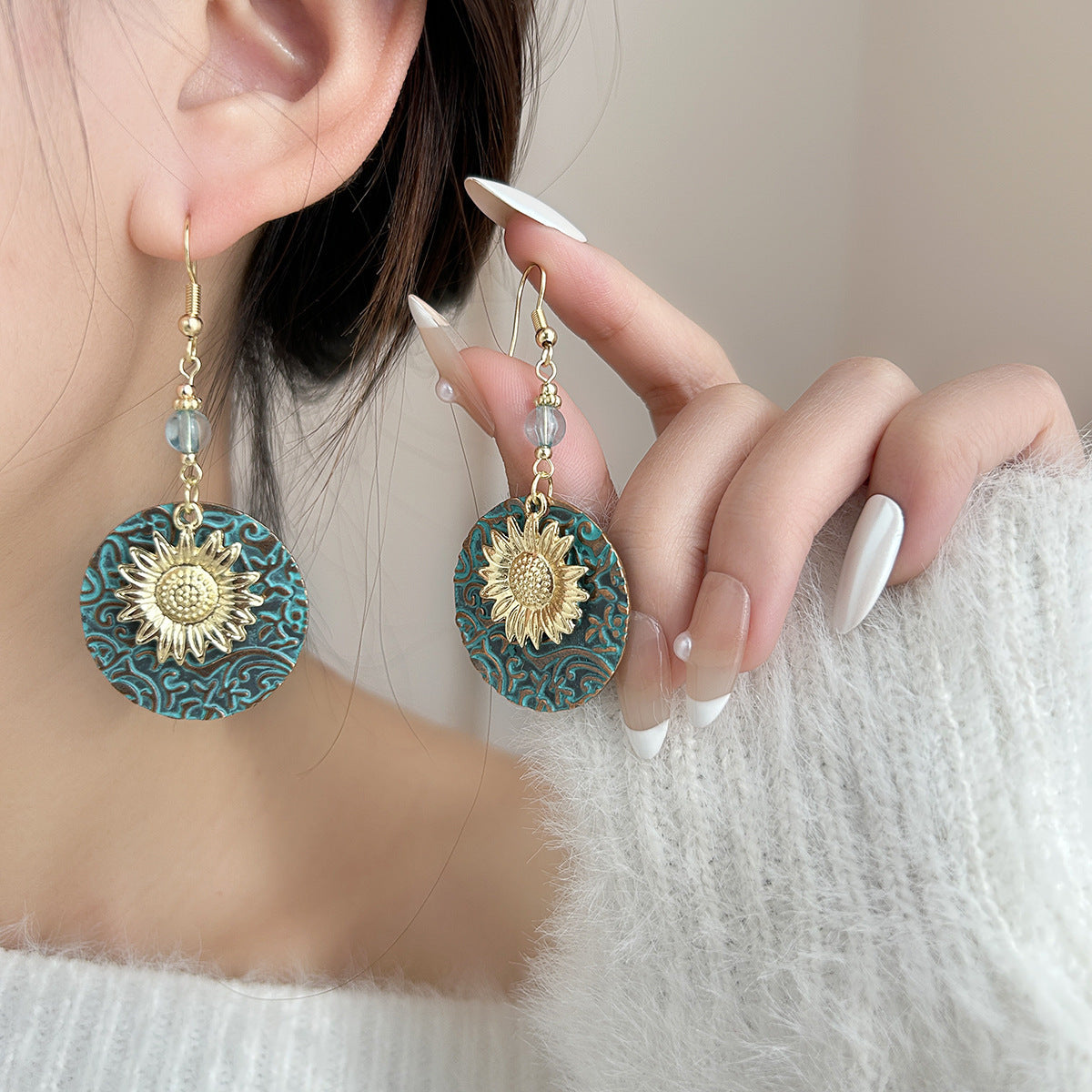 Turquoise Bohemian Palm Owl Bronze Carved Geometric Feather Earrings