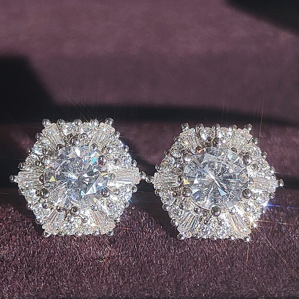 Women's Crystal White Zircon Hexagonal Retro Double Stud Earrings
