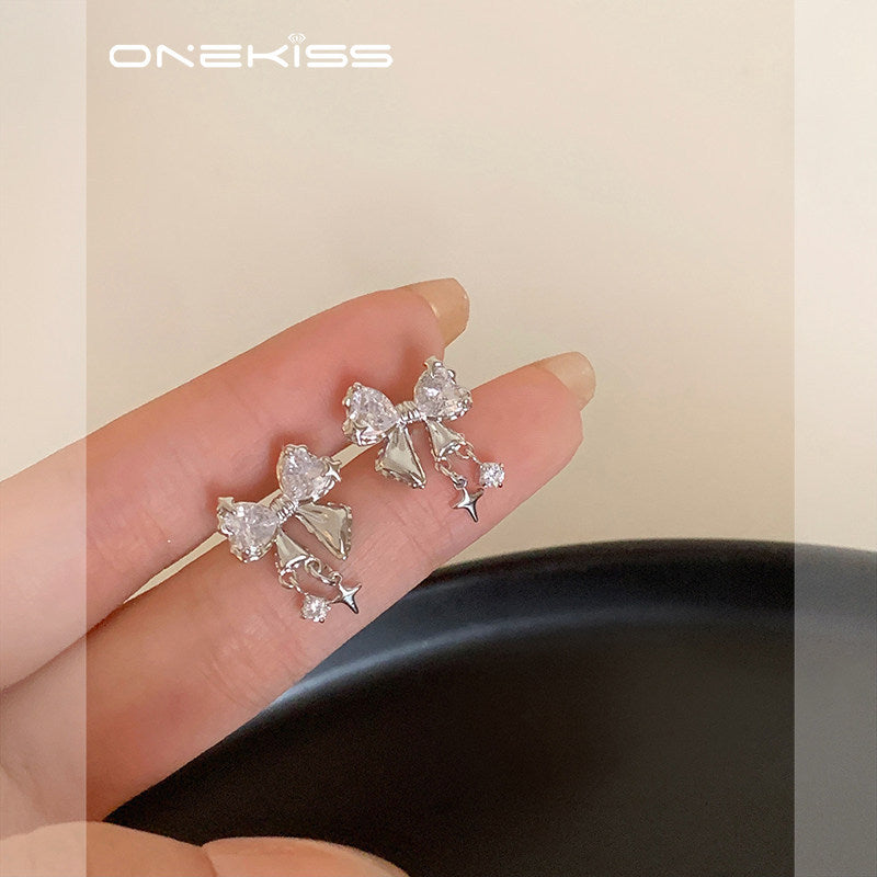 Light Luxury Bow Artificial Zircon Female Ear Clip Niche Earrings