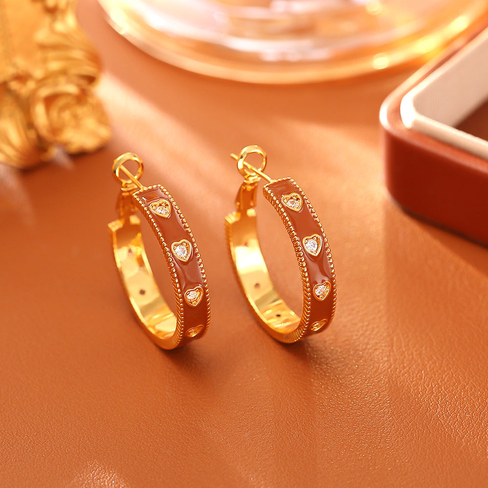 Retro Style Loving Heart Zircon Enamel Fashion Romantic Gentle Earrings