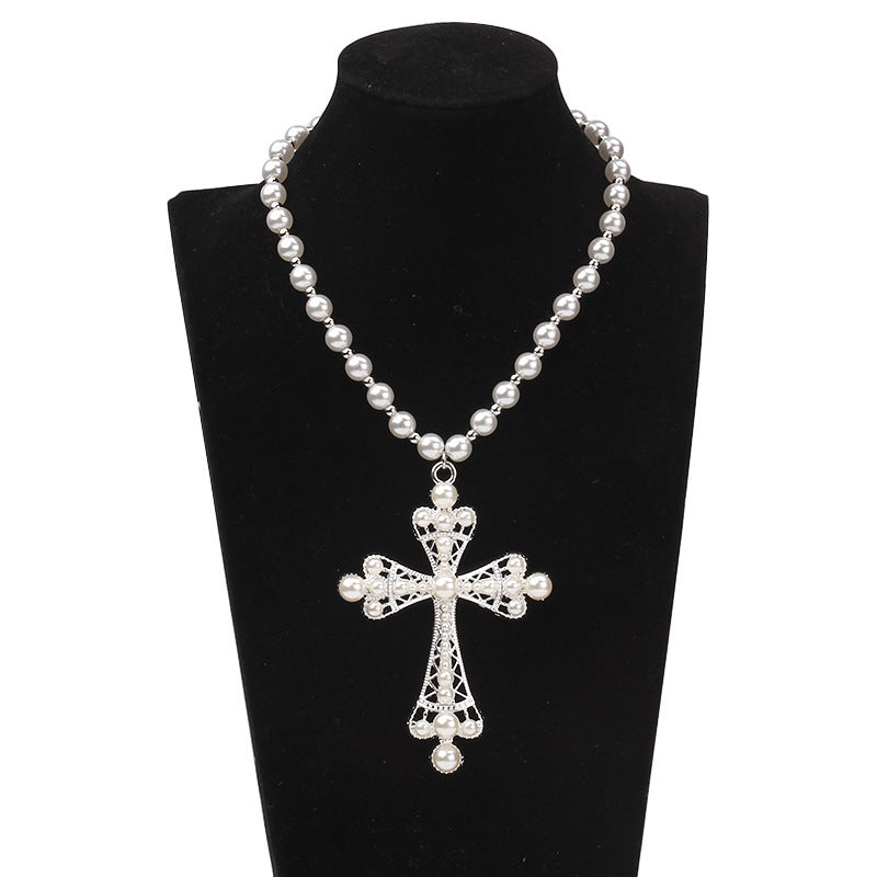 Hip Hop Cross Stitching Imitation Pearl Clavicle Necklaces