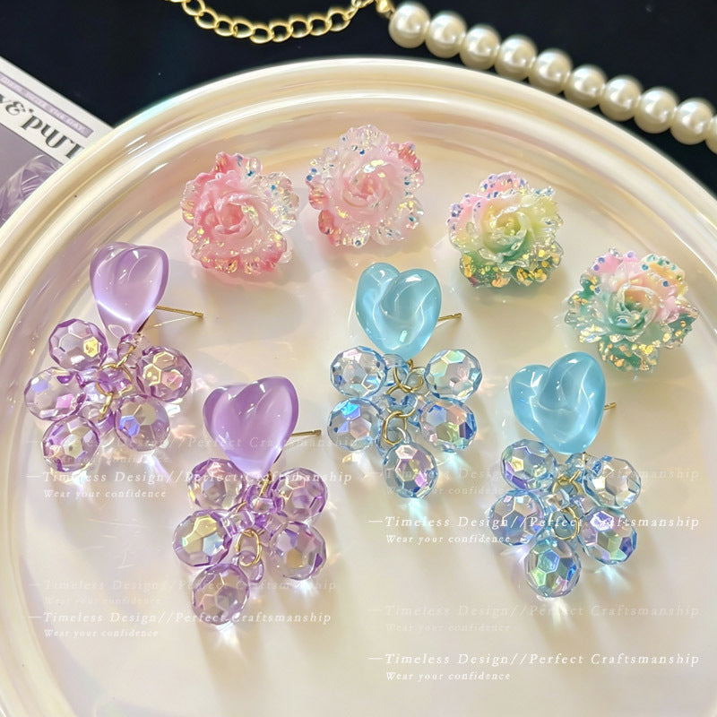Women's Purple Heart Crystal Flowers Eardrops Beautiful Vacation Stud Earrings