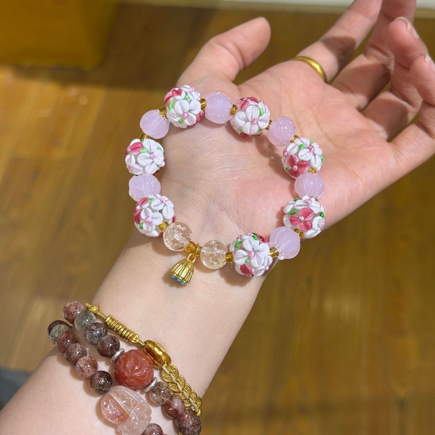 Embroidered Ball Glass Single With Pink Lotus Female Bracelet