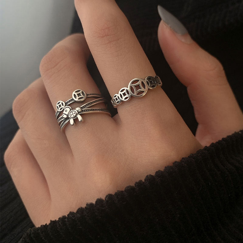 Coin Index Finger Retro Distressed Twin Style Imitation Thai Sier Rings