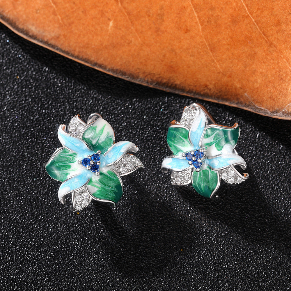 Shi Green Enamel Flower Epoxy Zircon Stud Earrings