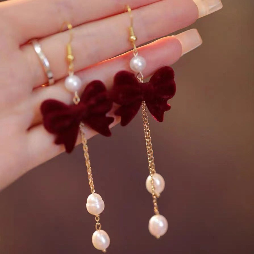 Bow Tassel Pearl Female Fairy Red Earrings