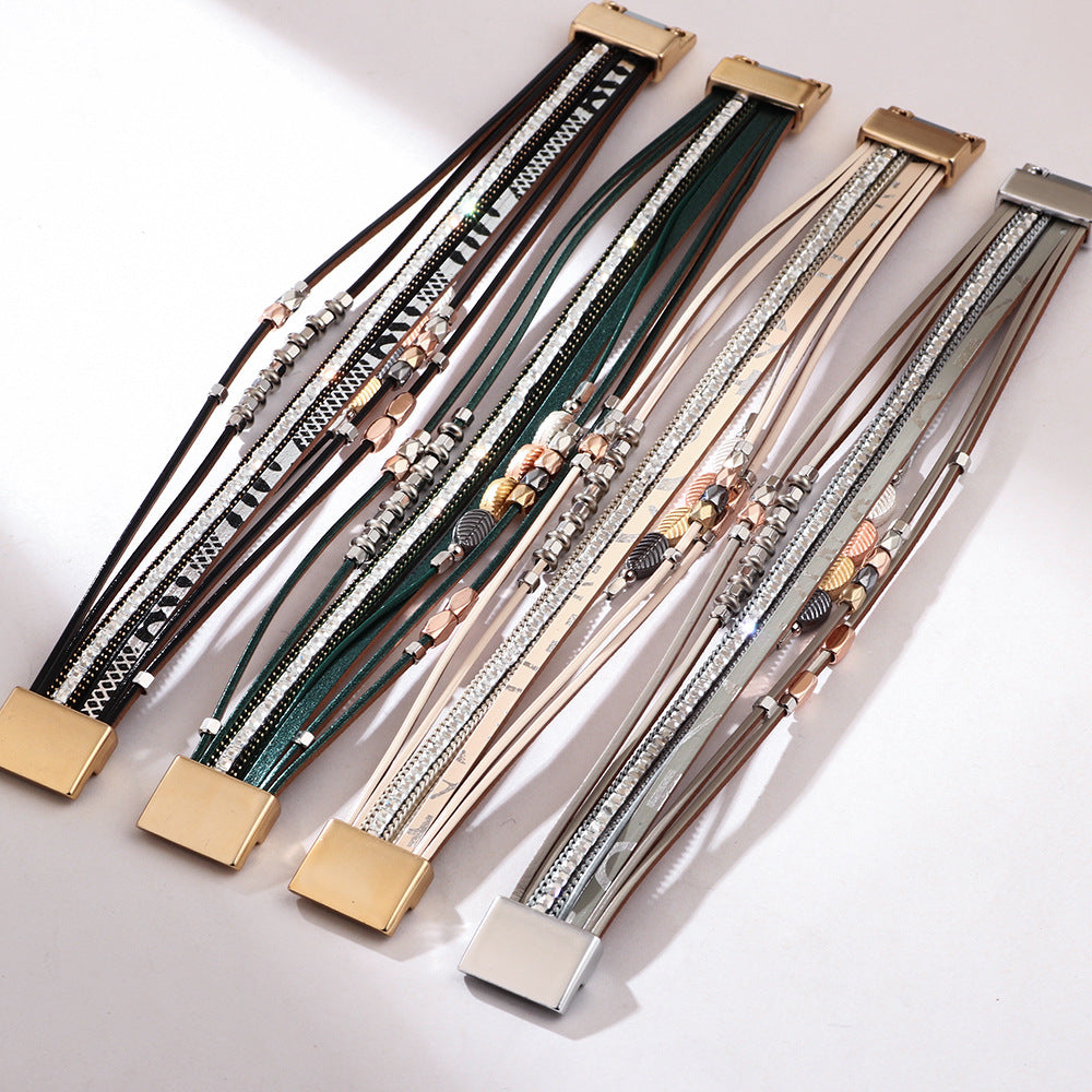 Women's Bohemian Wrist Leather Woven Leaf Shaped Ethnic Style Magnetic Snap Bracelets