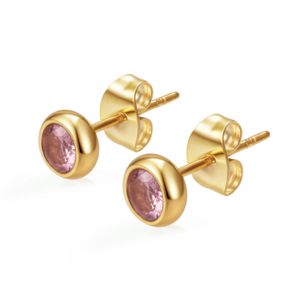 Women's Round Stainless Steel Zircon Trendy Versatile Real Gold Stud Earrings