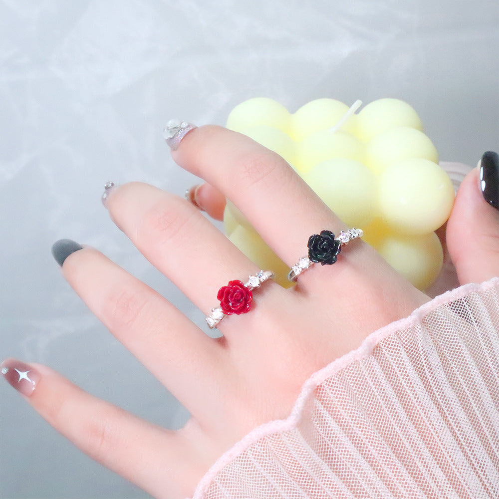 Cinnabar Rose Vintage Camellia Small Flower Index Finger Red Zircon Rings