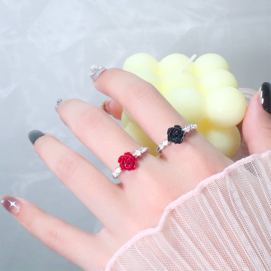 Cinnabar Rose Vintage Camellia Small Flower Index Finger Red Zircon Rings