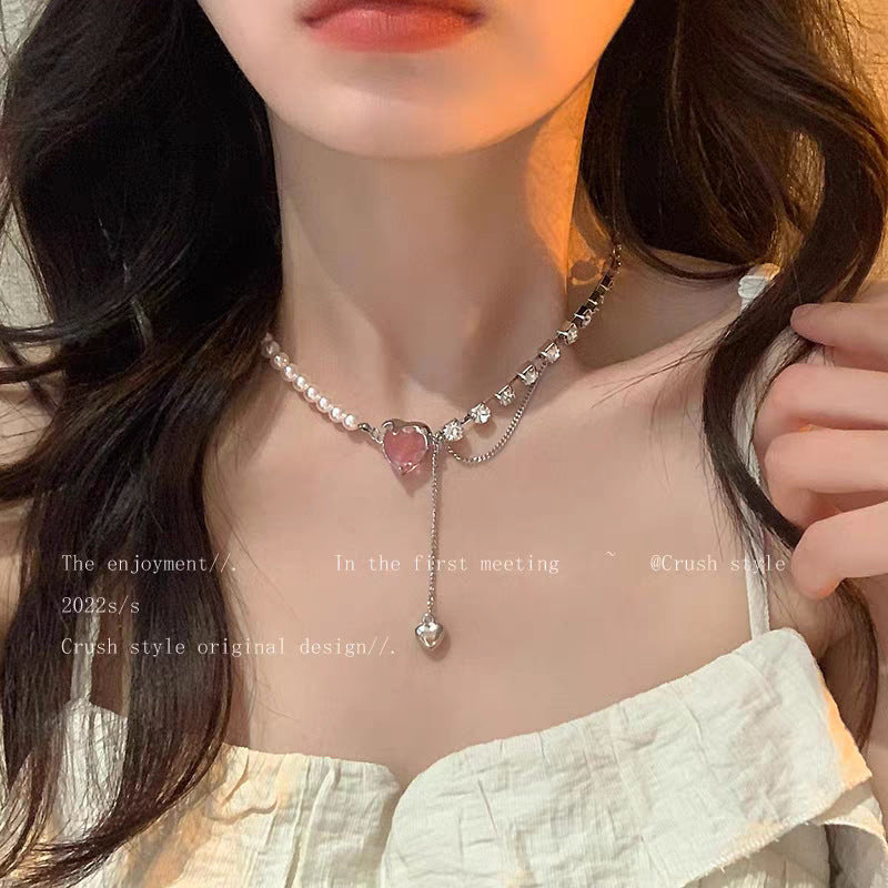 Women's Pink Heart-shaped Zircon Stitching Pearl High-grade Light Luxury Minority Necklace