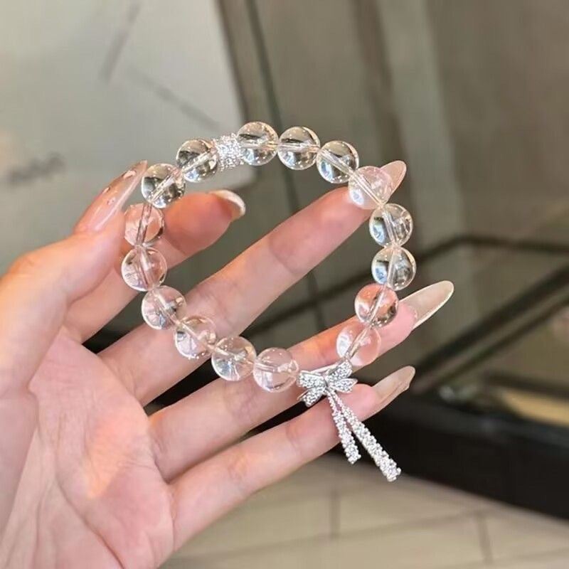 White Beaded Bow Ribbon Summer Cool Sweet Temperamental Bracelet