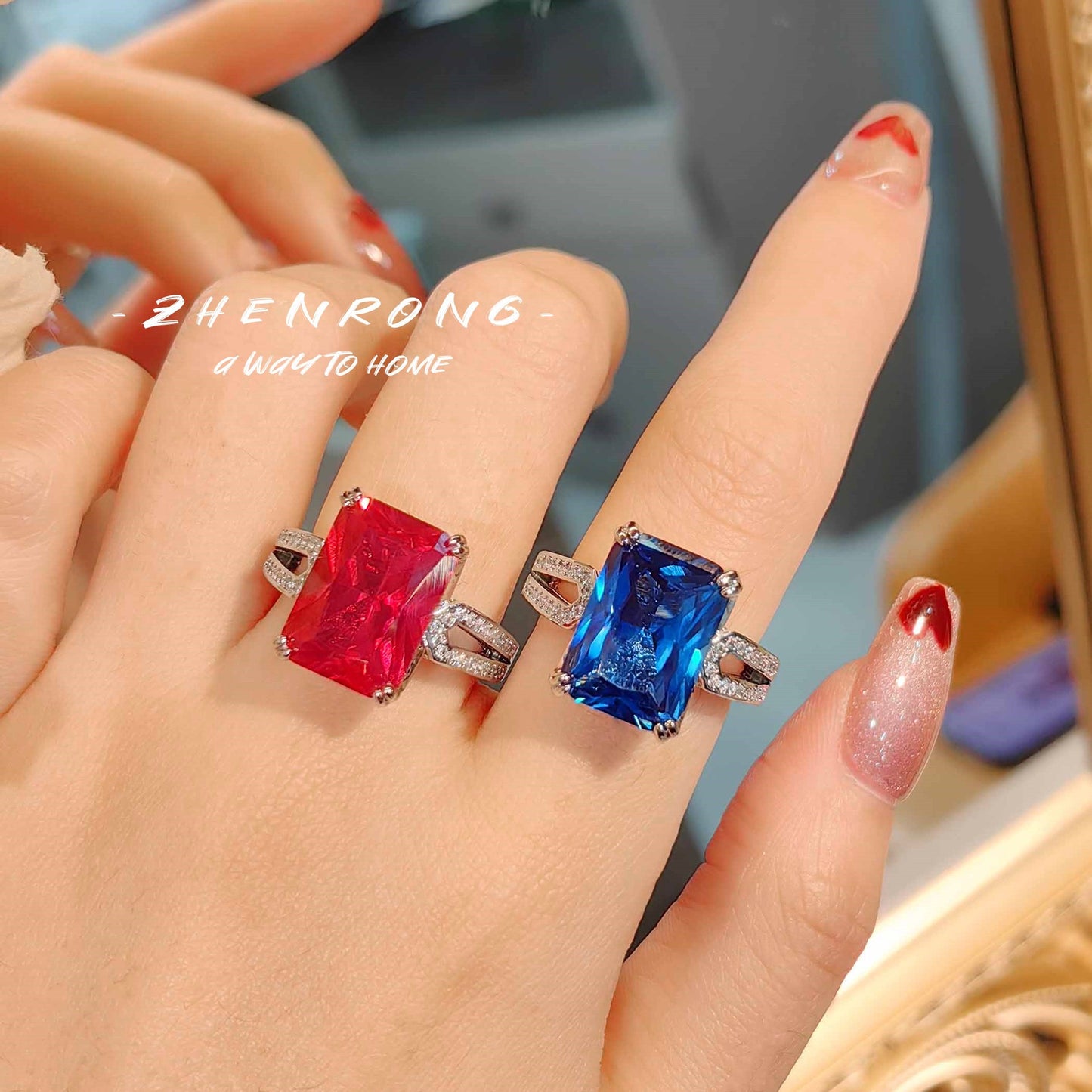Women's Emerald With Simple Cold Diamond Red Corundum Blue Ring