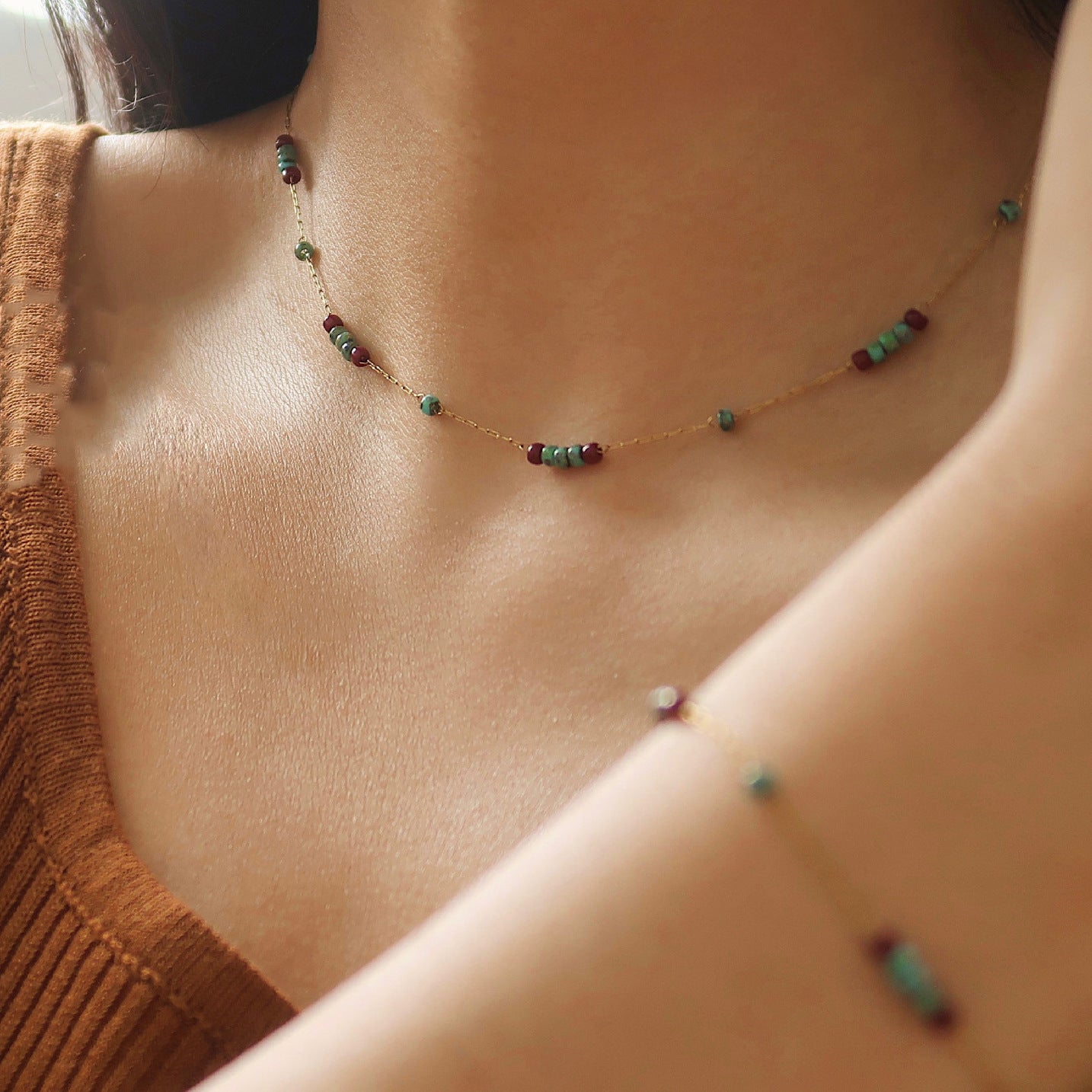 Turquoise Grain Glass Wine Red Contrast Color Beaded Titanium Steel Necklaces