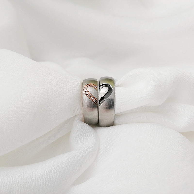 Titanium Steel Ornament Couple Heart-shaped Zircon Rings