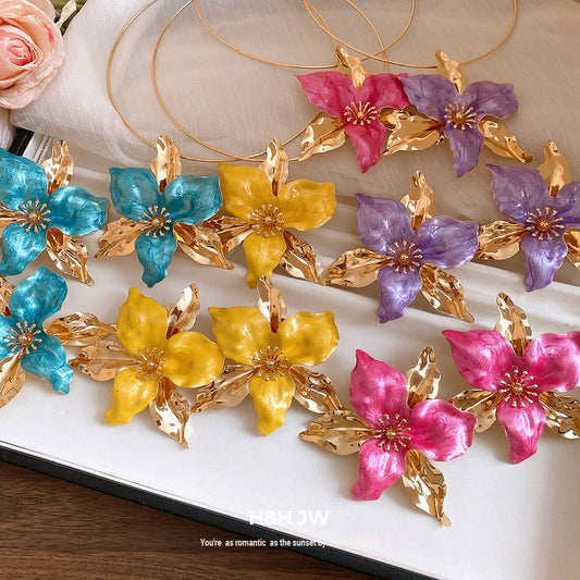Middle Ancient Glaze Flowers Collar Vintage Court Style Clavicle Chain Earrings