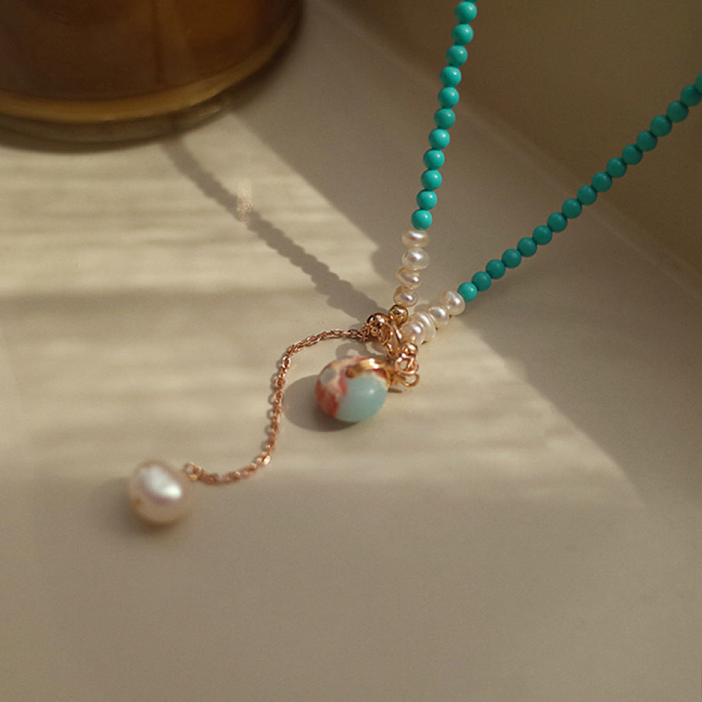Natural Turquoise Freshwater Pearl Chinese Style Stone National Minority Simple Necklace