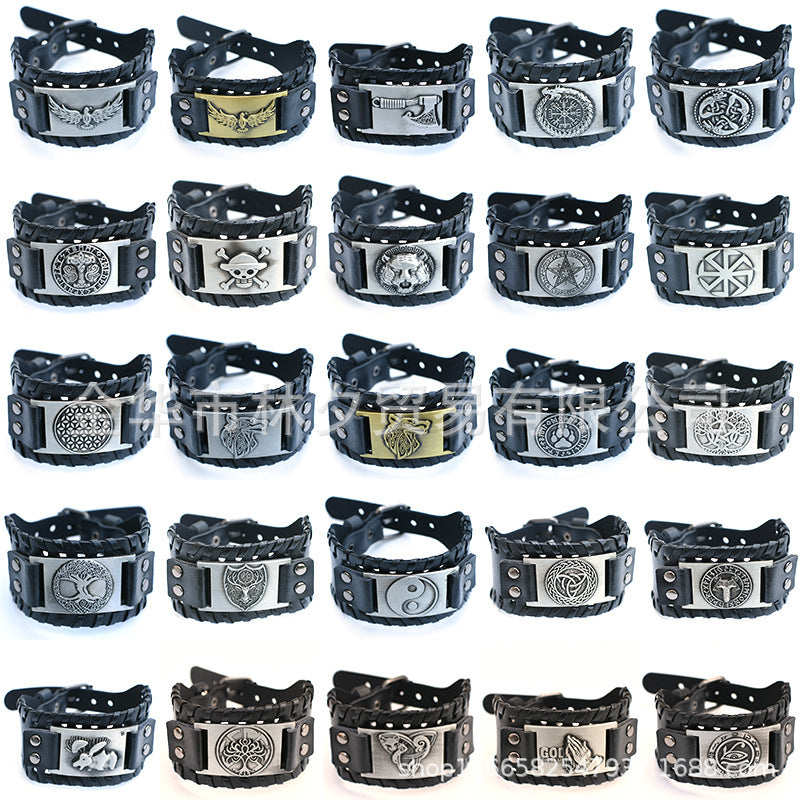 Men's Retro Viking Totem Leather Wolf Head Bear Claw Gossip Lucky Bracelet