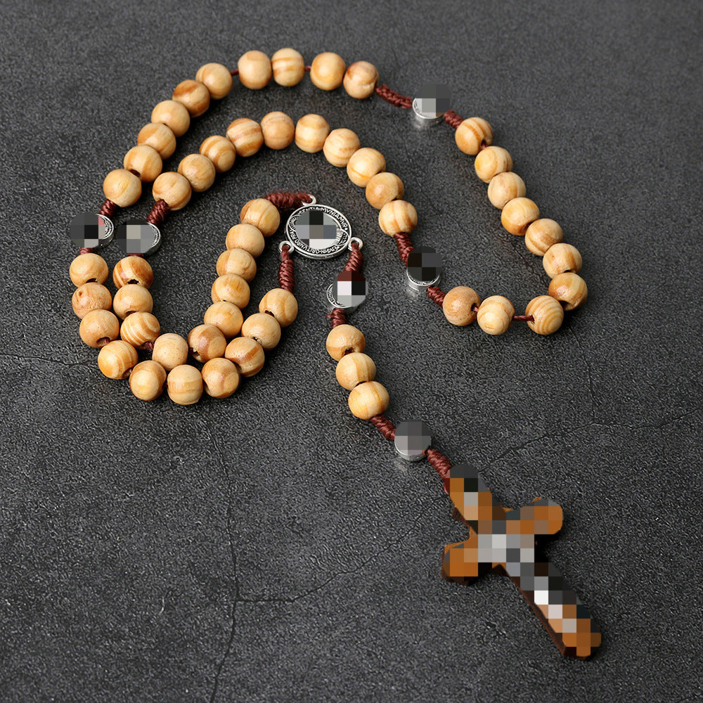 Cross Rosary Hand Knotted Wooden Bead Coffee Necklace