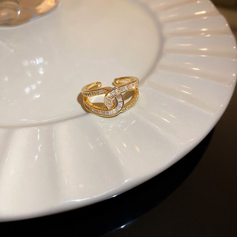 Real Gold Electroplated Zircon Buckle Light Luxury High Sense Index Ring