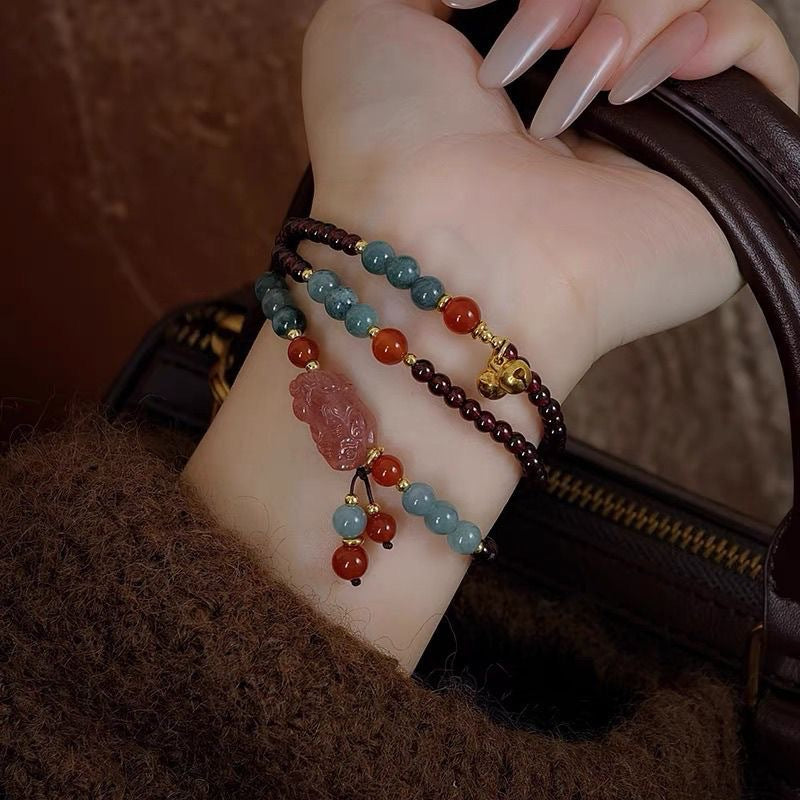 Chinese Natural Garnet Red Agate Twin Three-circle Female High Sense Bracelet