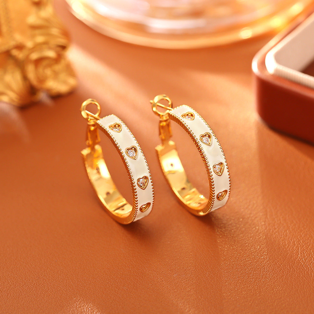 Retro Style Loving Heart Zircon Enamel Fashion Romantic Gentle Earrings