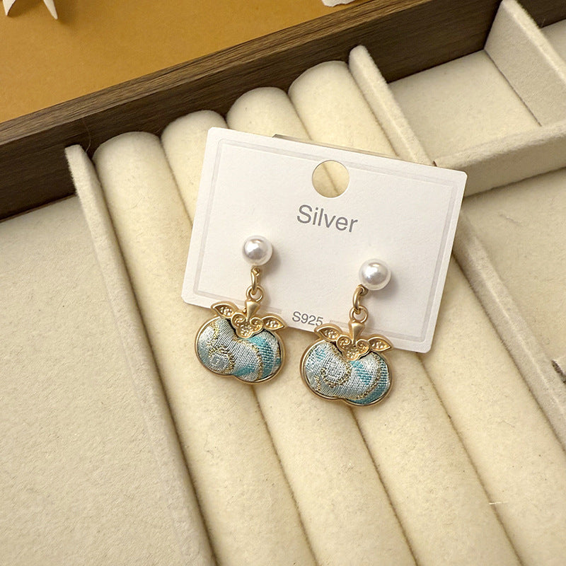 Style Song Dynasty Brocade Lucky Persimmon Sier Needle Ancient Auricular Earrings