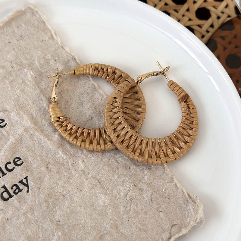 Women's Vacation Style Handmade Straw Woven Rattan For Seaside Graph Matching Earrings