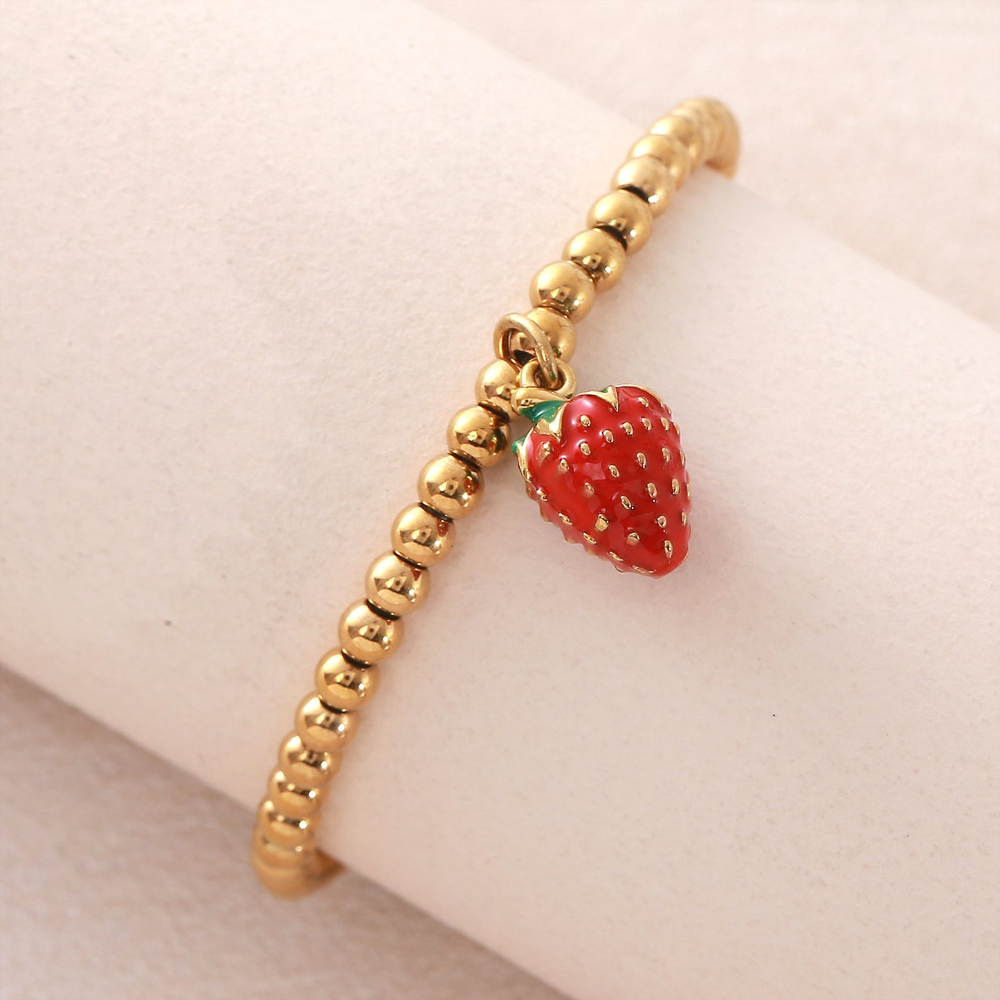 Stainless Steel Gold-plated Fruit Series Red Strawberry Beaded Fashion Bracelet