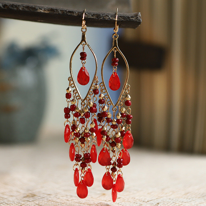 Women's Chinese Style Ethnic Personalized Minority Water Drop Crystal Tassel Earrings