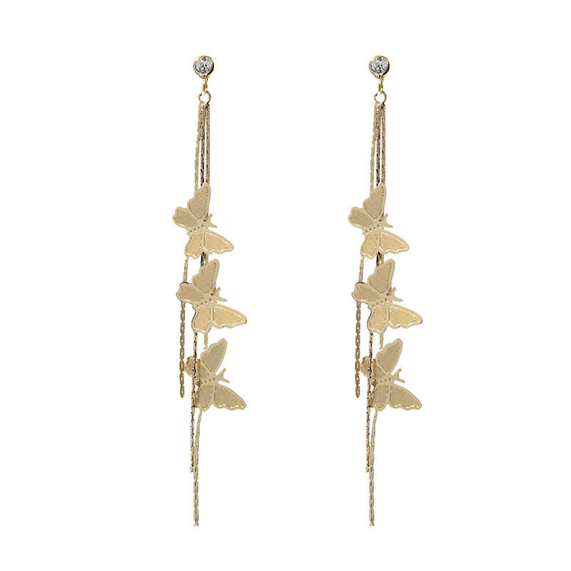 Women's Sier Needle Slimming Trendy Temperament Long Butterfly Earrings