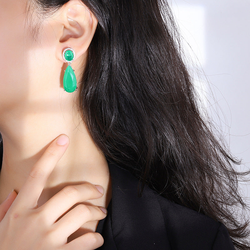 Women's Retro Large Water Drop Artificial Emerald Bar Earrings