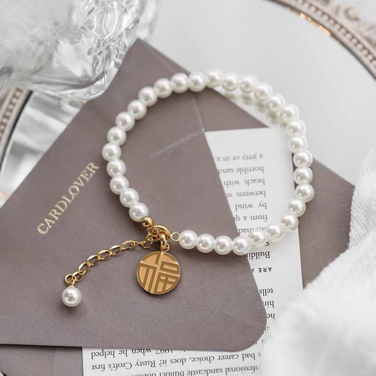 Titanium Steel Blessing Card Pearl Tassel Advanced Cold Bracelet