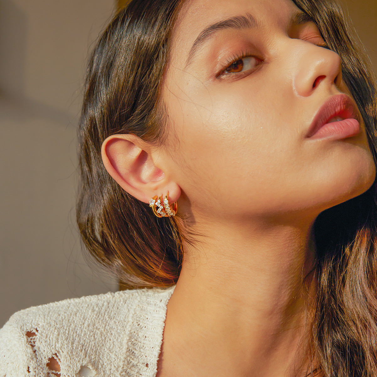 Retro Simple Fashion Commute Gold Stainless Steel Zircon Inlaid Eardrop Earrings