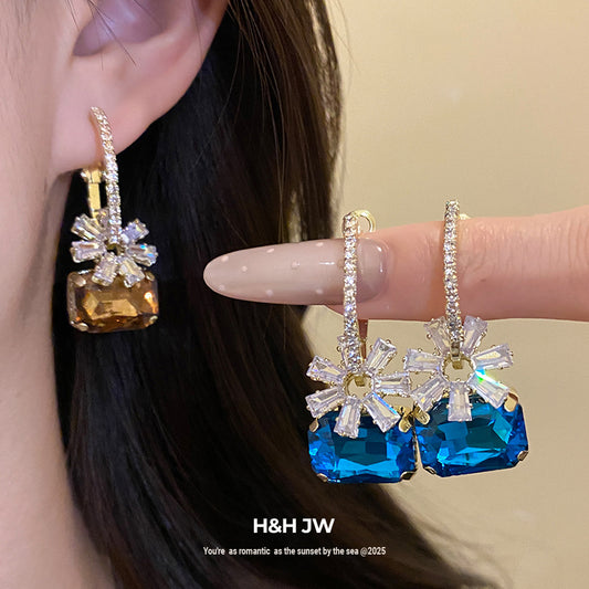 Women's Zircon Flower Square Ear Exquisite Trendy Light Luxury High-grade Stud Earrings