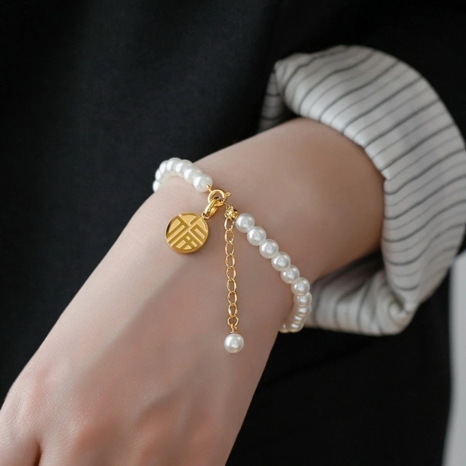 Titanium Steel Blessing Card Pearl Tassel Advanced Cold Bracelet