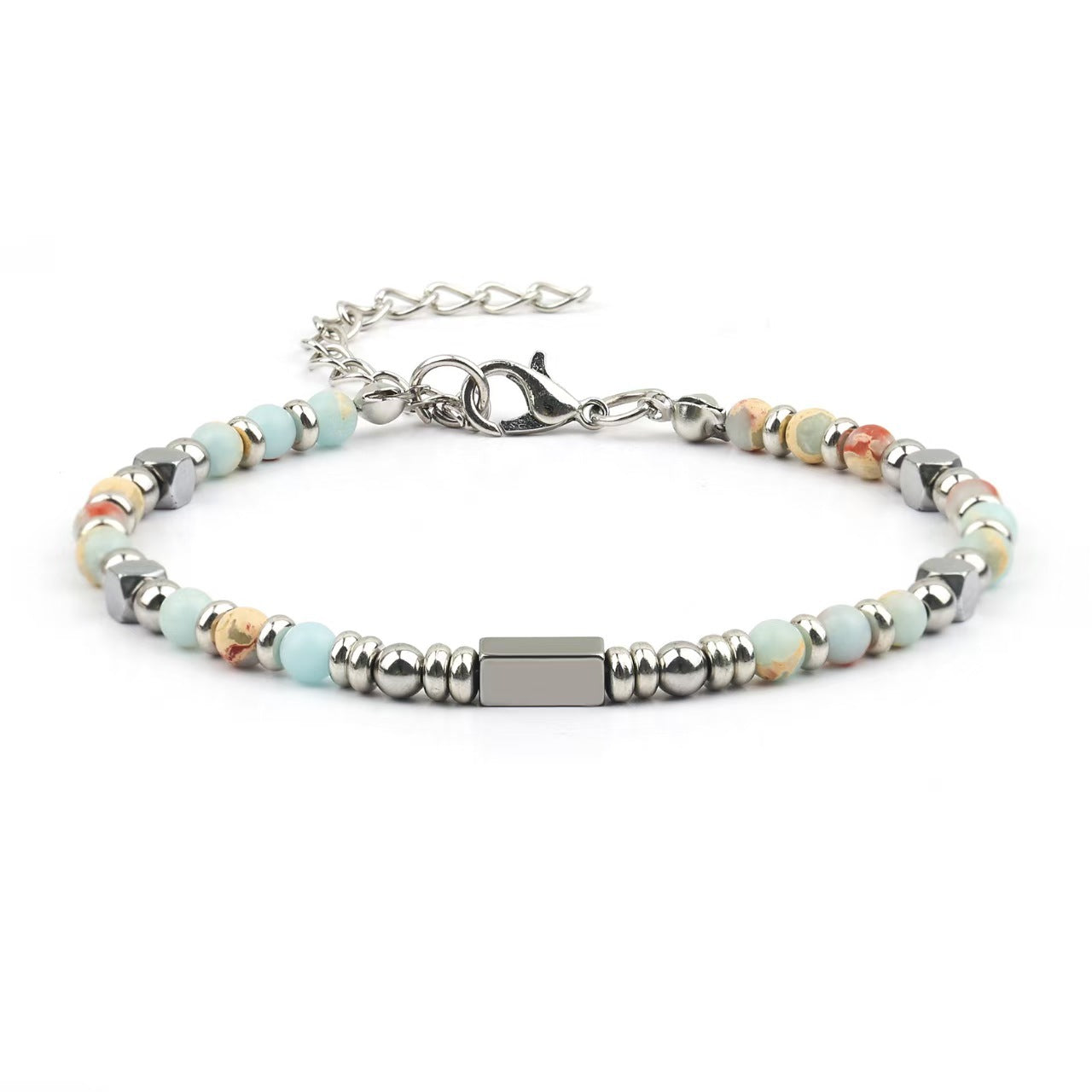 Natural Stone Stainless Steel Black Frosted Golden Balls Beaded Adjustable Bracelet