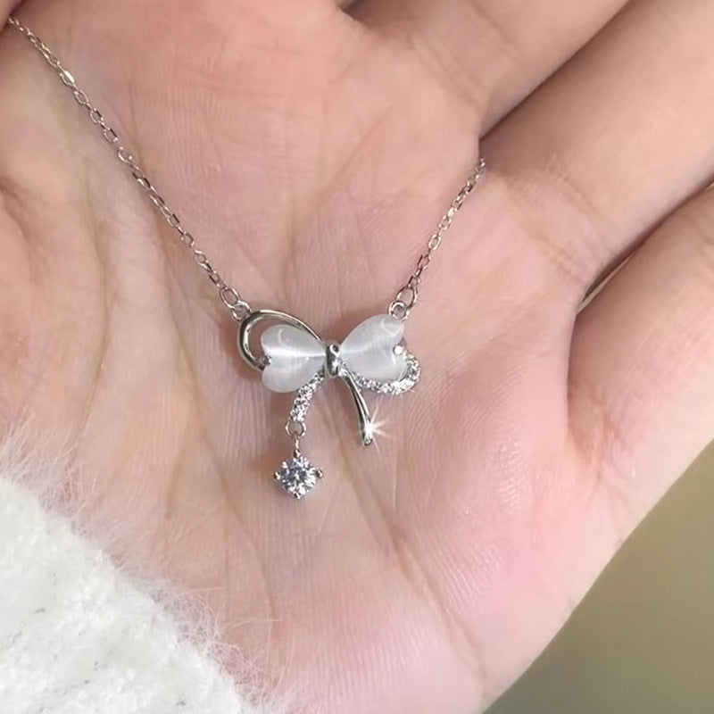 Opal Bow Tassel Female Style Design Heart Clavicle Necklace