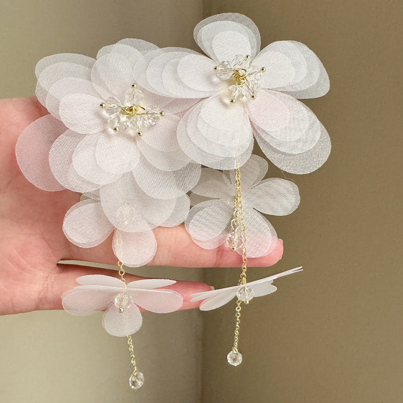 High-grade Tulle Flower Beaded Petals Tassel Long Exquisite Beautiful Temperament Earrings
