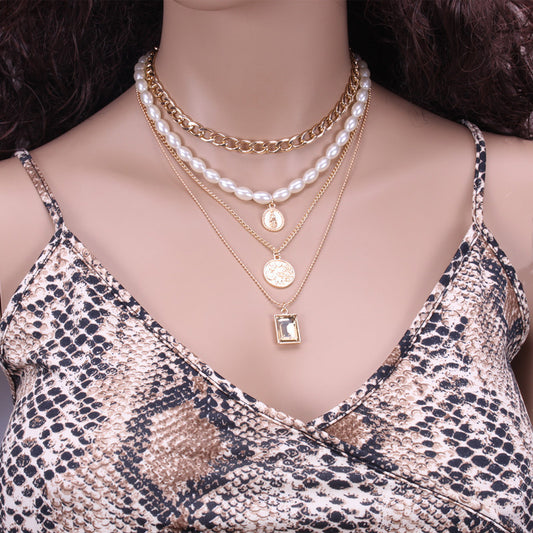 Women's Ornament Fashion Oval Pearl Alloy Coin Necklaces