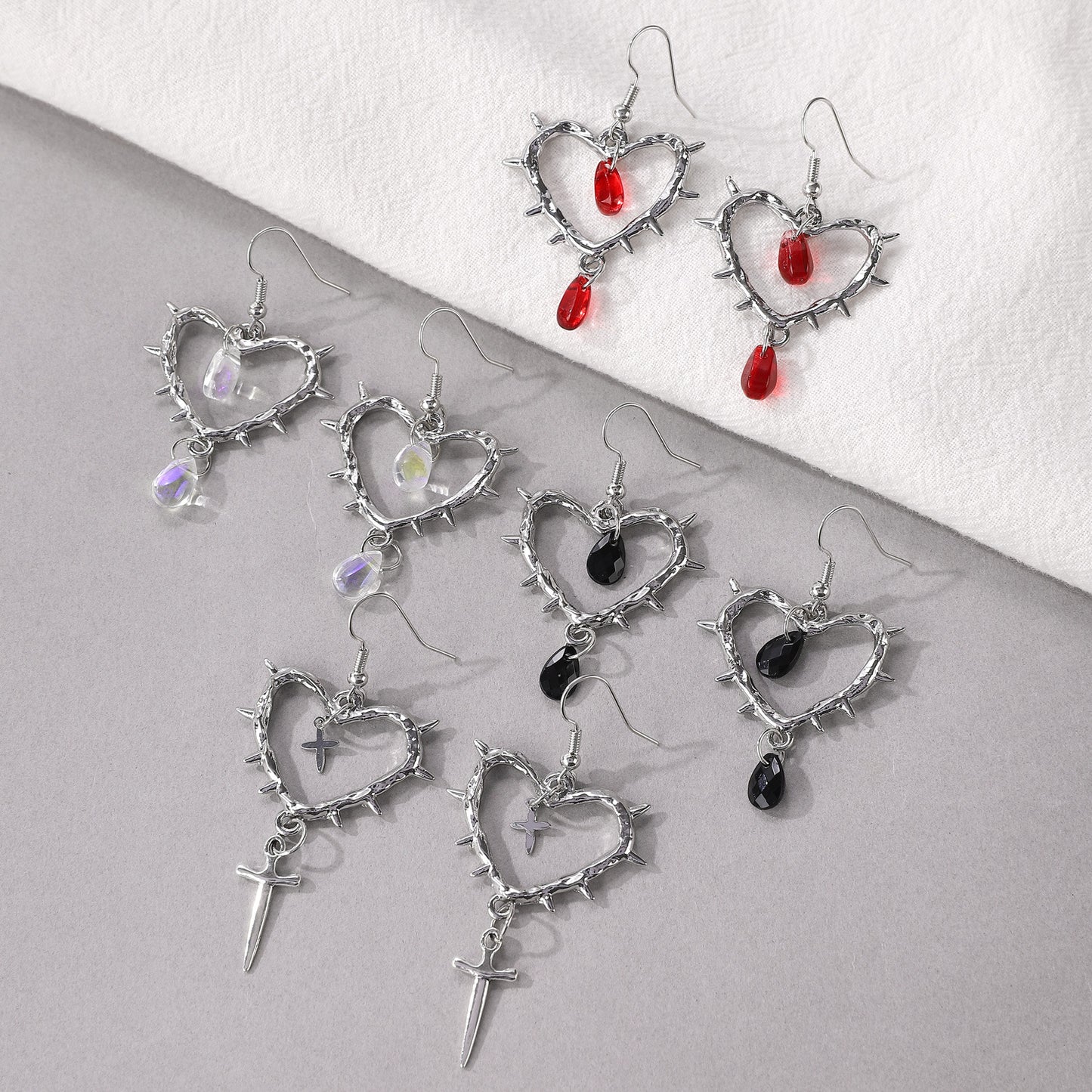 Women's Gothic Handmade Thorn Heart-shaped Cross Water Earrings