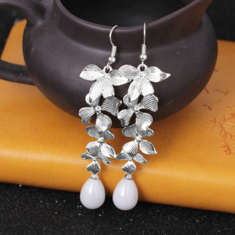 Sweet Flower Pearl Long Tassel Golden Orchid Matte Hook Earrings