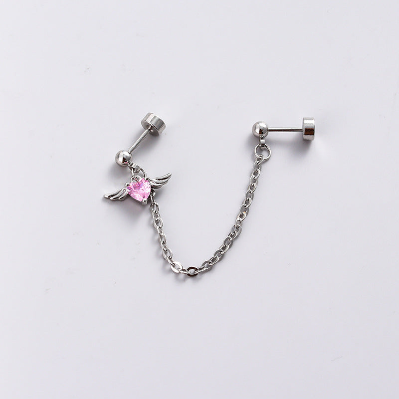 Titanium Steel Ear Bone Pink Heart-shaped Zircon Sweet Cool Earrings