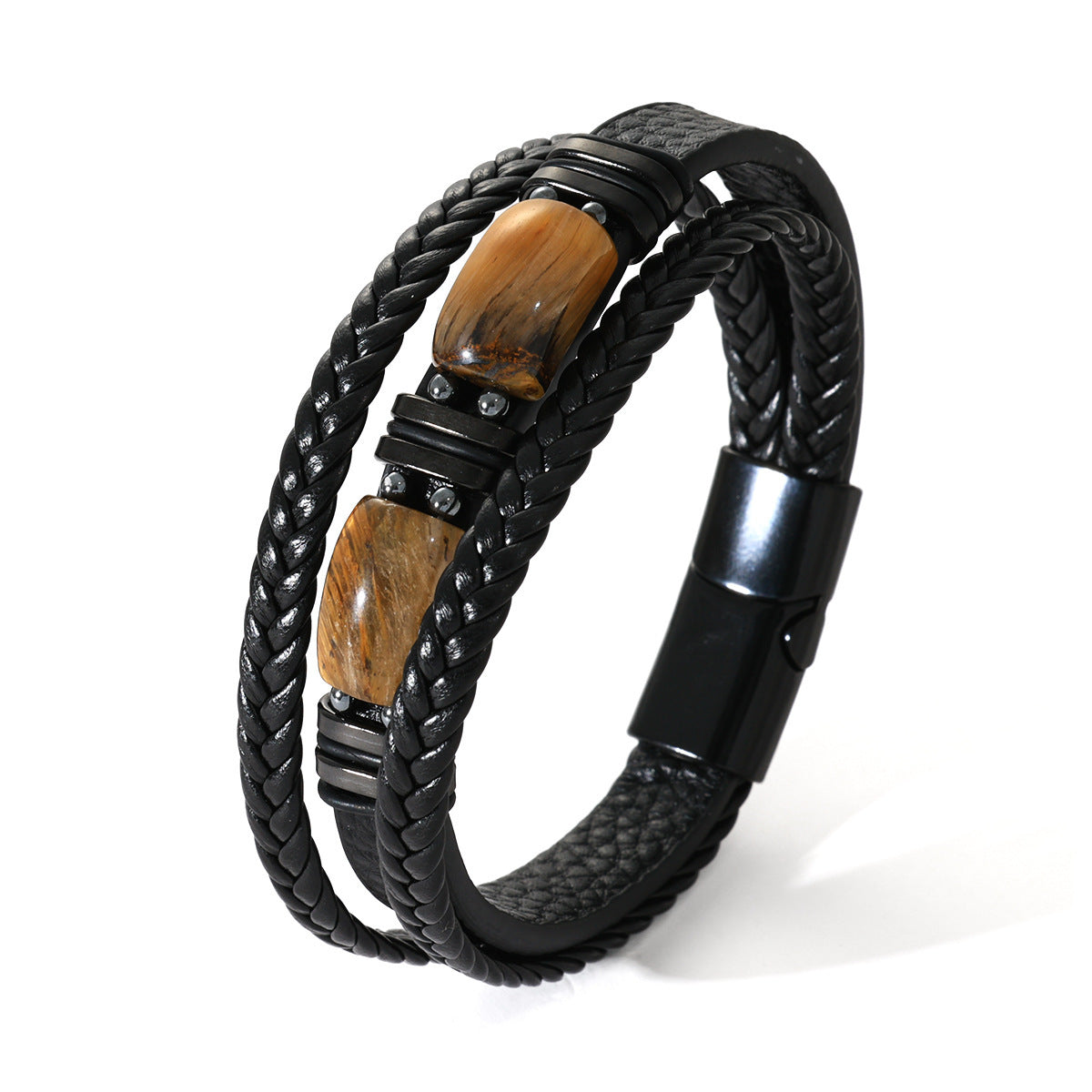 Men's Rope Leather Tigereye Stone Magnetic Buckle Bracelet