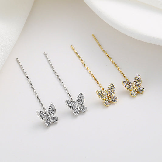 Women's Sier Full Diamond Butterfly Long Fringed Thread Light Ear Line