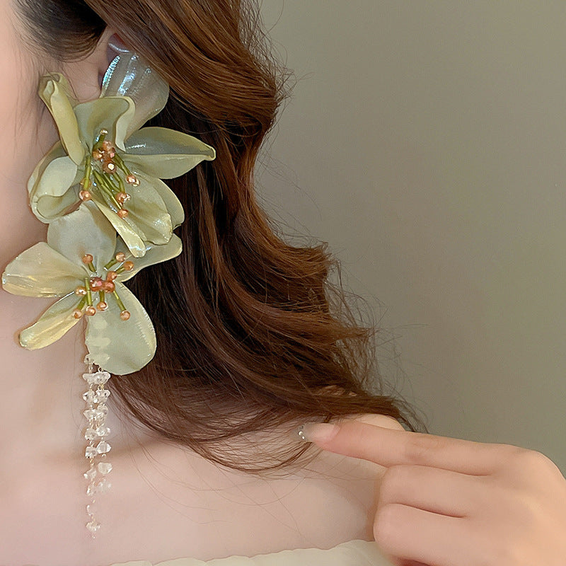 Women's Flower Artificial Crystal Tassel Sier Pin Personalized Minority Earrings