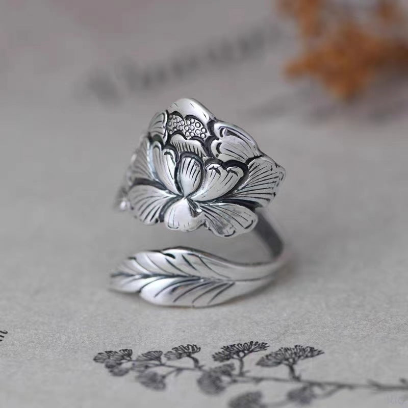 Women's Peony Enamel Open Niello Jewelry Lotus Rings