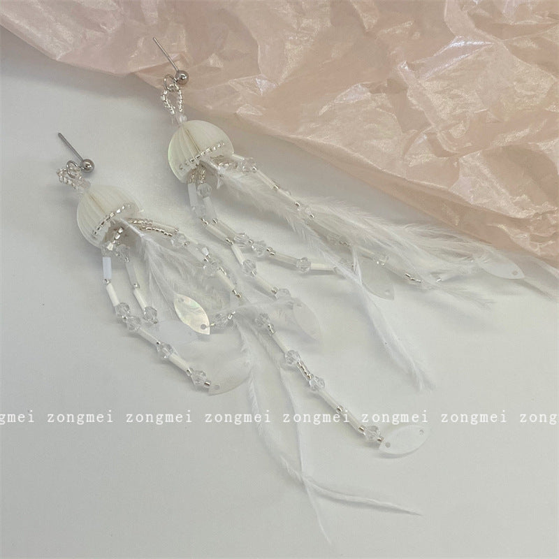 Fairy Feather Beaded Tassel Ear Clip Earrings