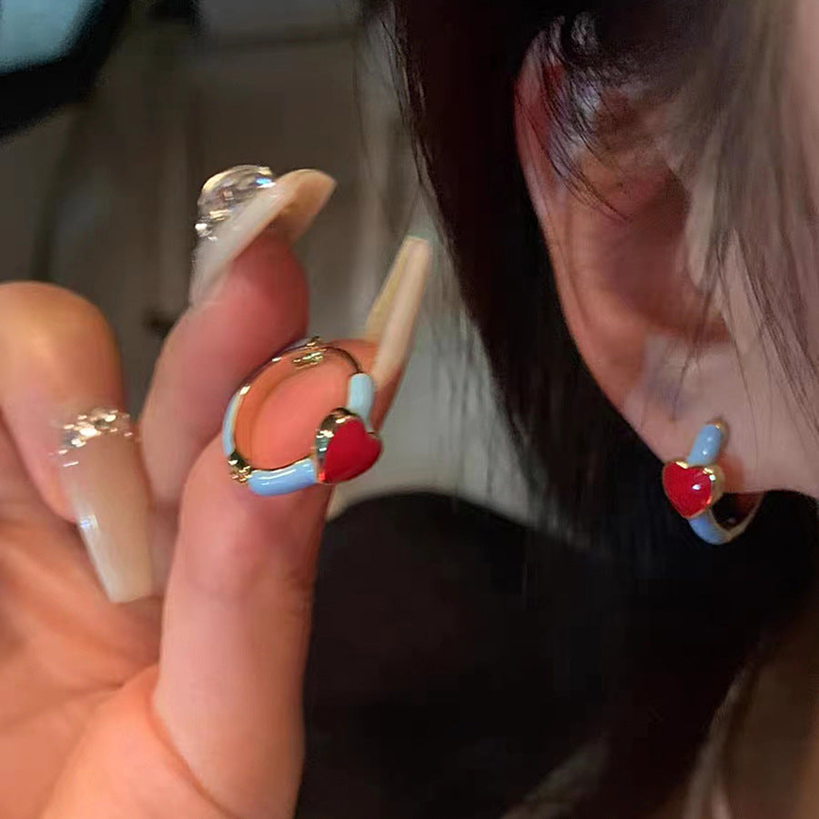 Blue Beige Love Drop Oil Clip Ear Buckle