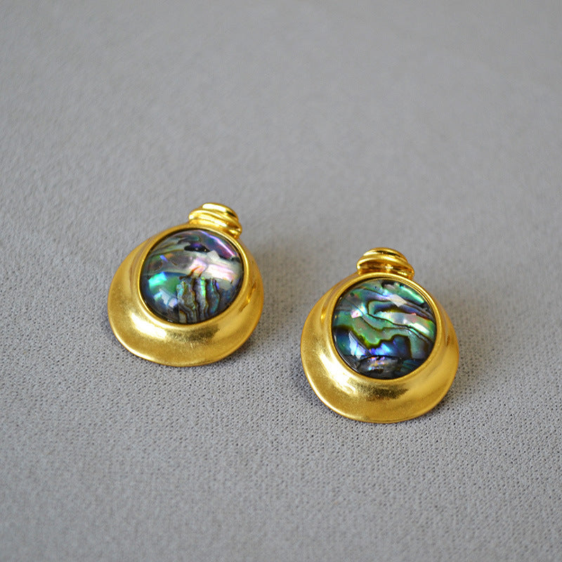 Minority Retro Artistic Brass Gold-plated Irregular Round Colorful Abalone Shell Stud Earrings
